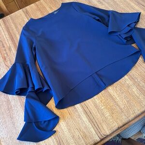 Gracia Blouse Large Womens Navy Ruffle Bell Sleeve Top Zip Hi Low Asymmetric